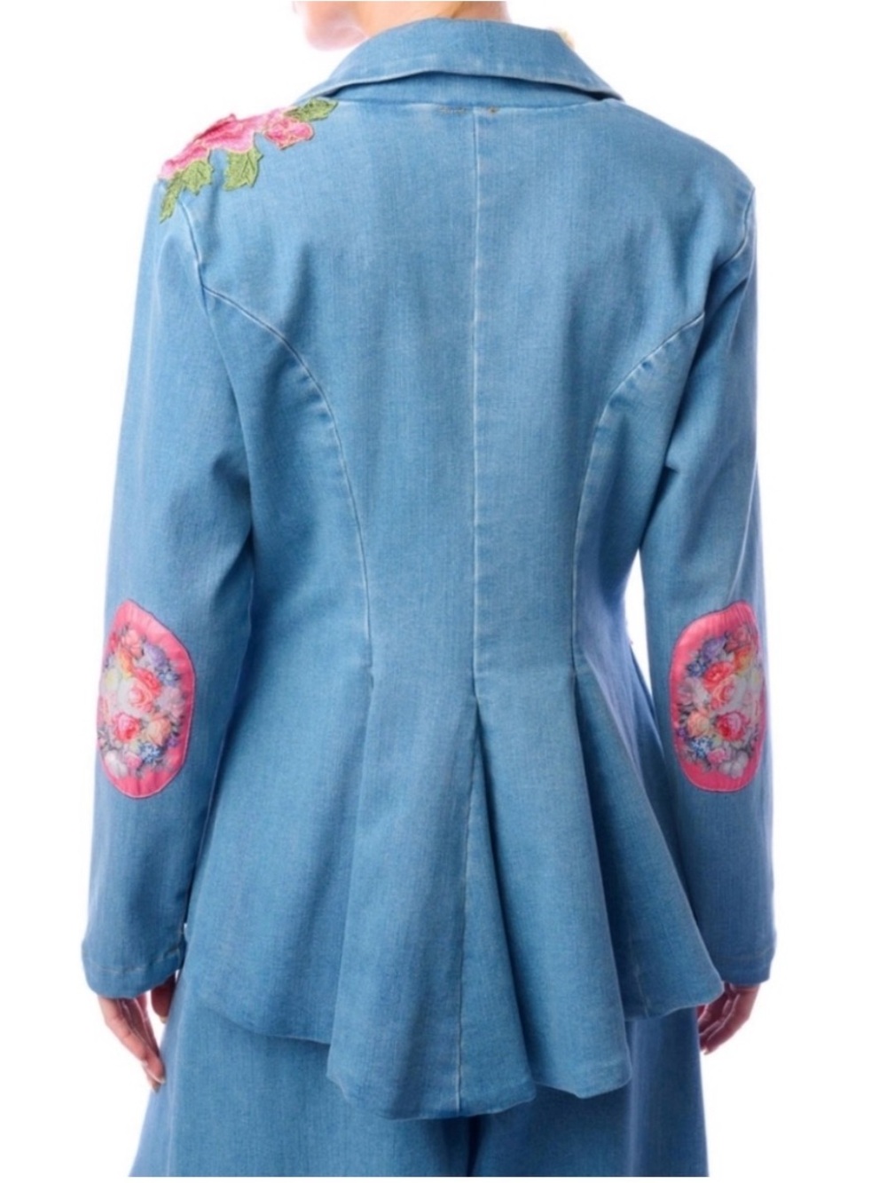 Aratta Silent Journey Montecarlo Blue Denim Blazer with Pink Floral Patch - Picture 4 of 10